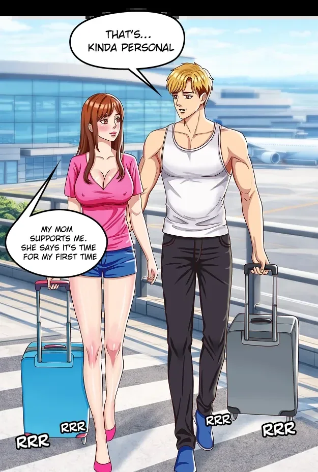 Lucas and Claire walking through the airport in the adult manhwa Daughter or Mother