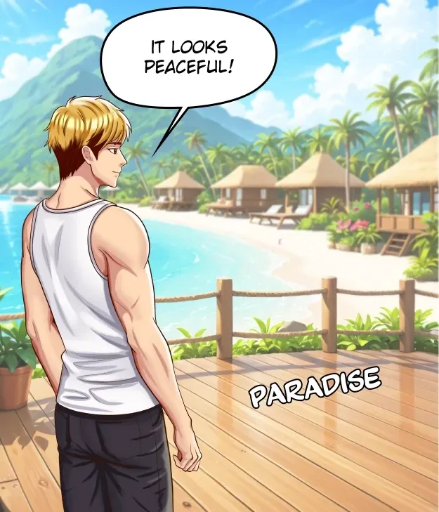 Lucas looking across the resort in Daughter or Mother Chapter 2