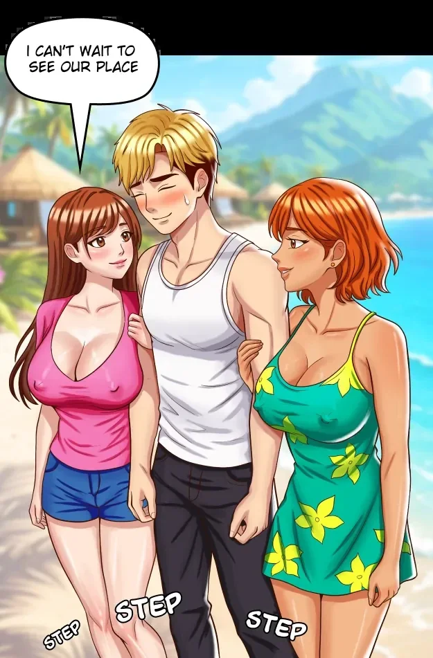 Lucas between Claire and Victoria at the resort