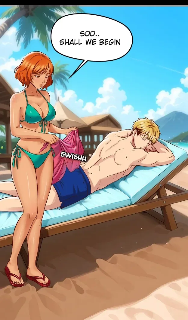 Lucas reclining while Victoria stands beside the lounge chair
