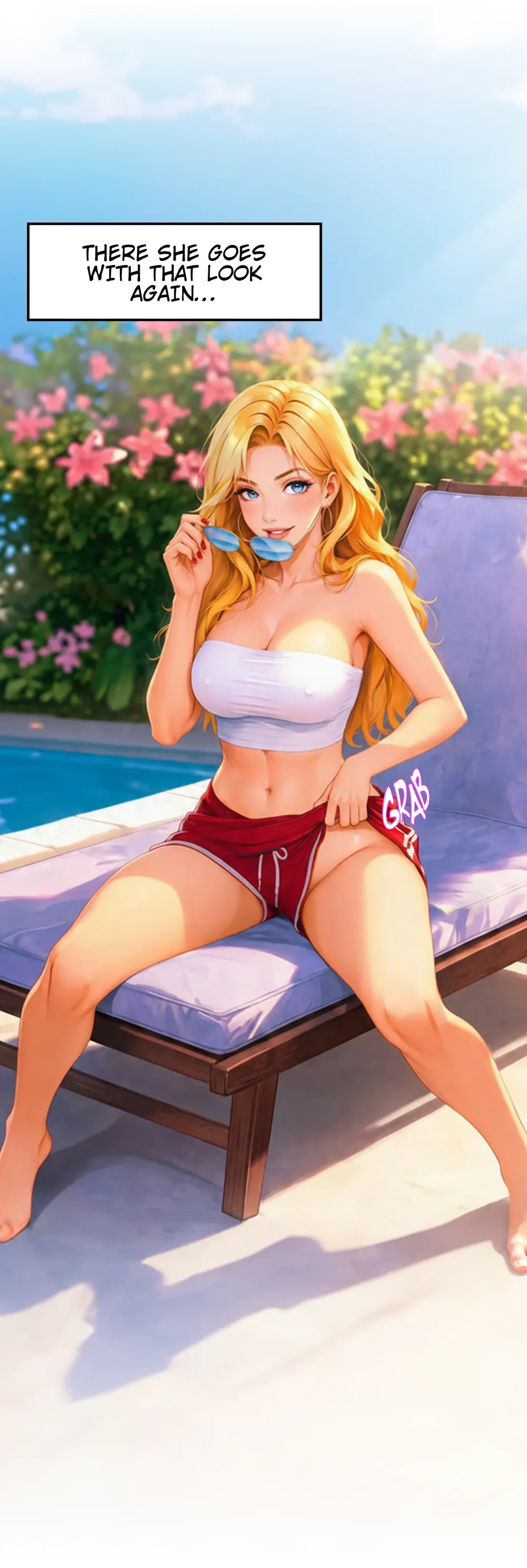 Mrs Bennett looking toward Evan beside the pool in Mom’s Wild Friend Episode 1