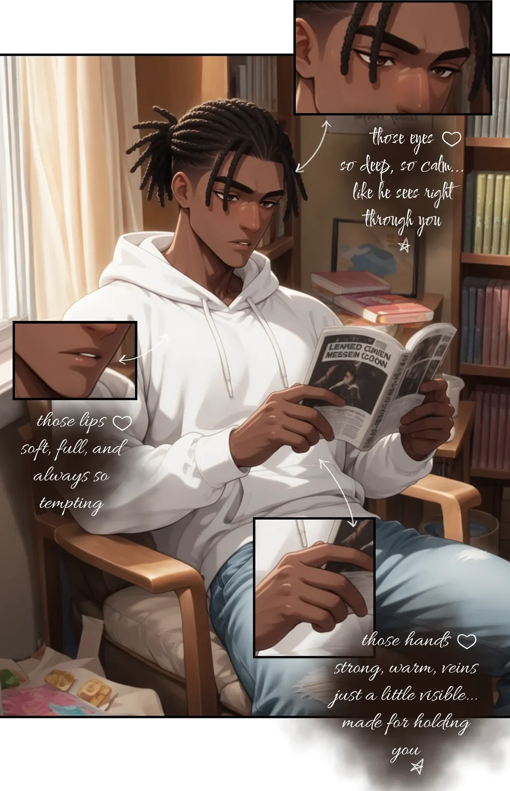 Jeremy reading in the bookshop in Just For Research Chapter 1