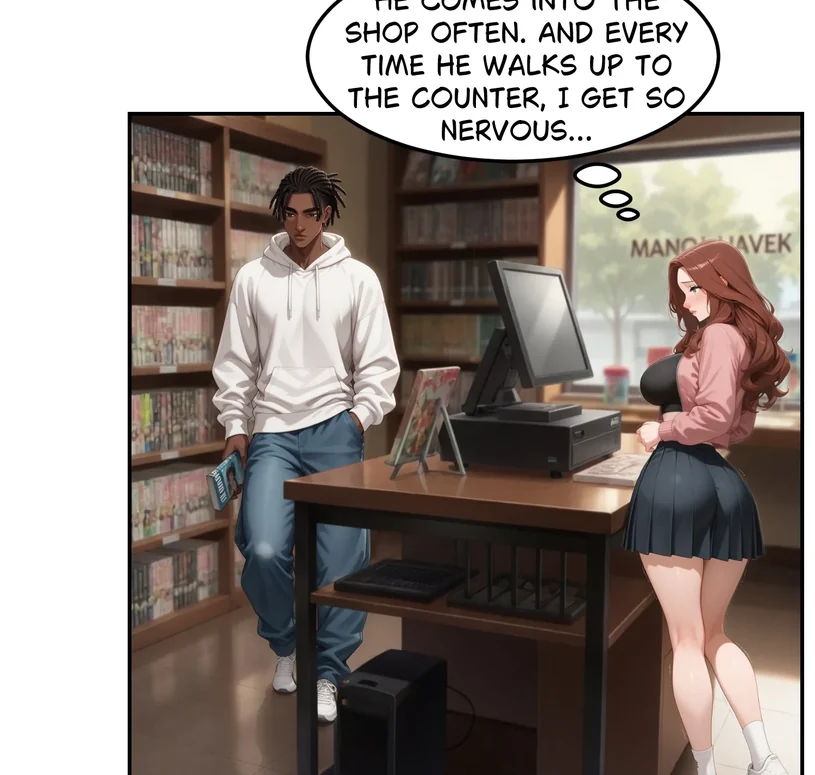 Lydia and Jeremy in the bookshop in Just For Research by ToonHub