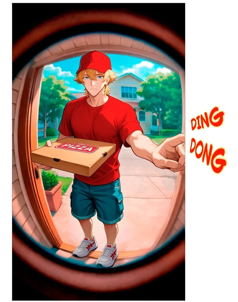 Ryan delivering pizza at a front door in Pizza Boy vs MILFs Episode 1