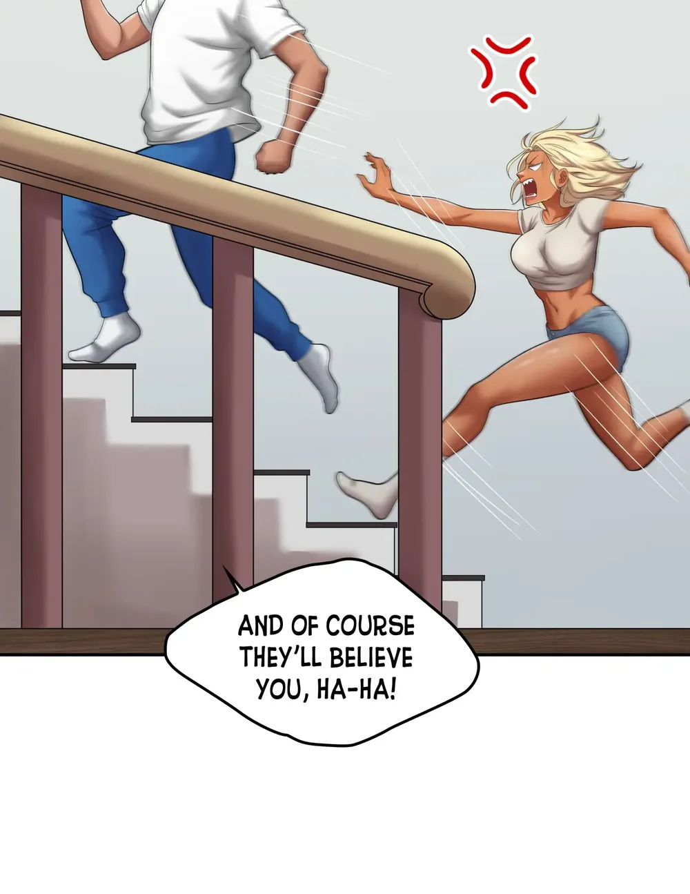 Laura chasing Jerry upstairs in Prank Goes Wrong Episode 1