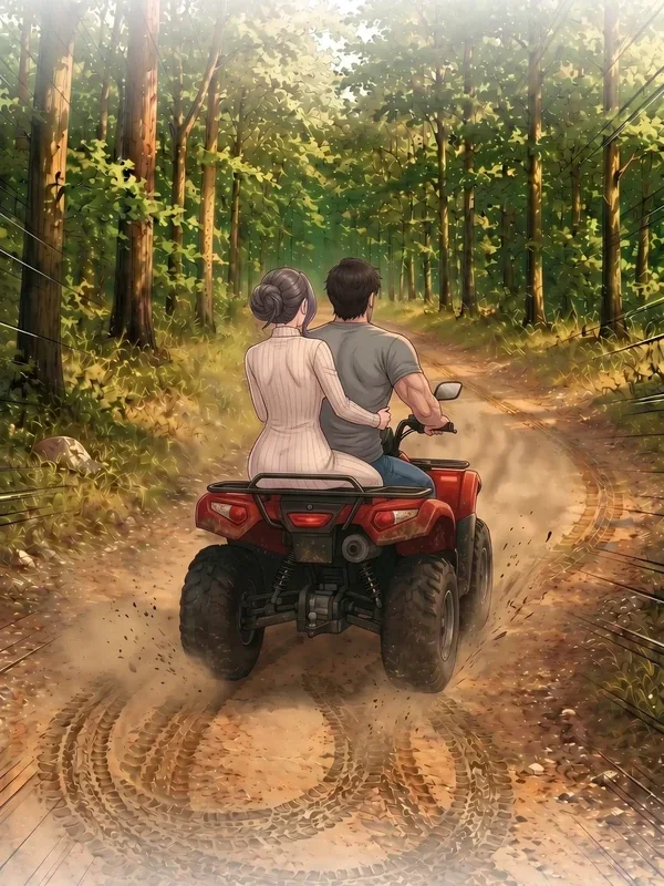 The ATV group continuing along the forest trail in Redhead’s First Ride Chapter 2